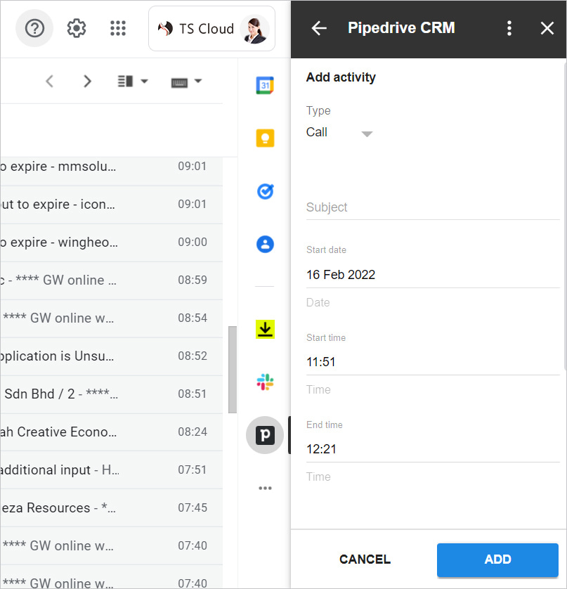 From the Gmail interface, you can directly add deal orders, schedule meetings, add contacts in your address book, and view all deal history with one-click navigation.